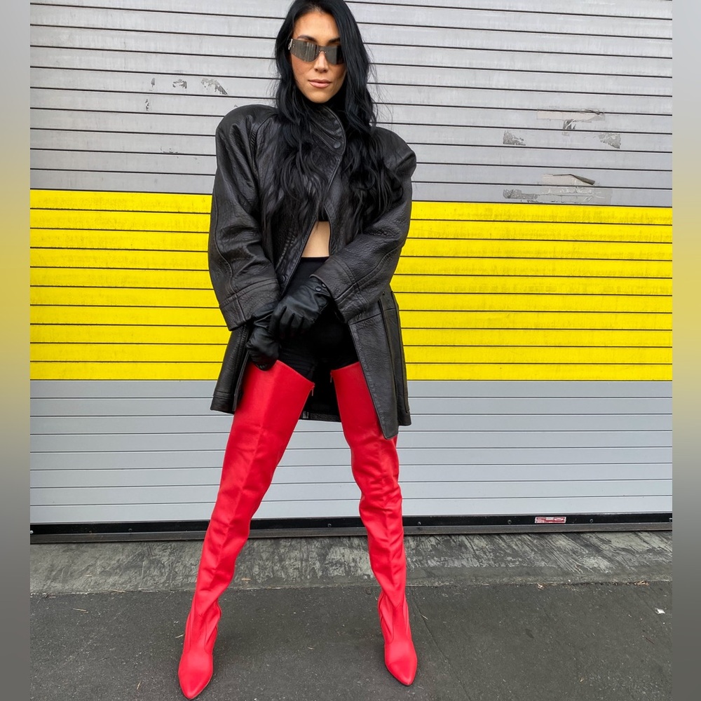 Vintage red genuine leather thigh high boots